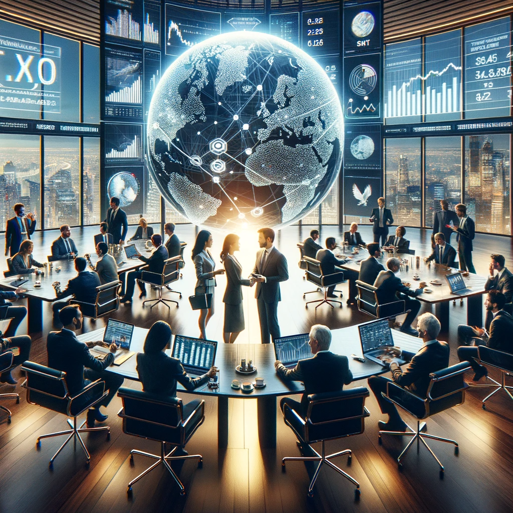 Concept of Global Investor Networking, set in a luxurious conference room with a group of diverse investors engaging in discussions.
