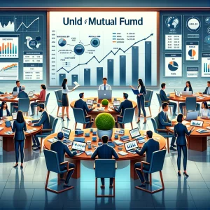 A group of people exploring mutual fund options with documents, charts, and a seminar on mutual funds in the background.
