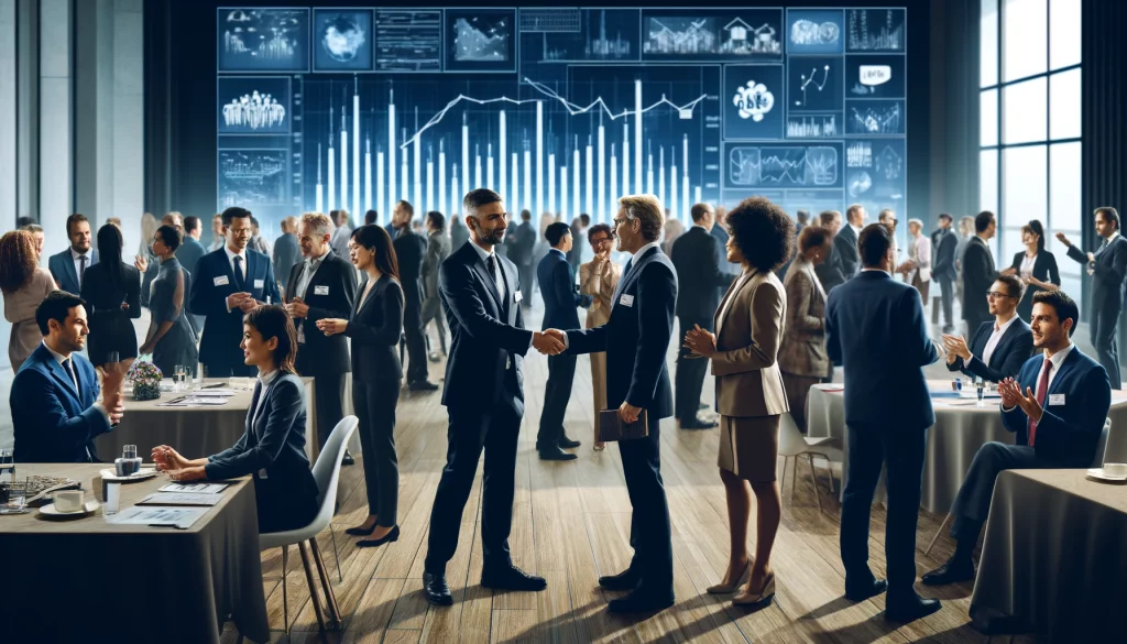 Investor networking event with professionals exchanging business cards and shaking hands in a modern conference room.