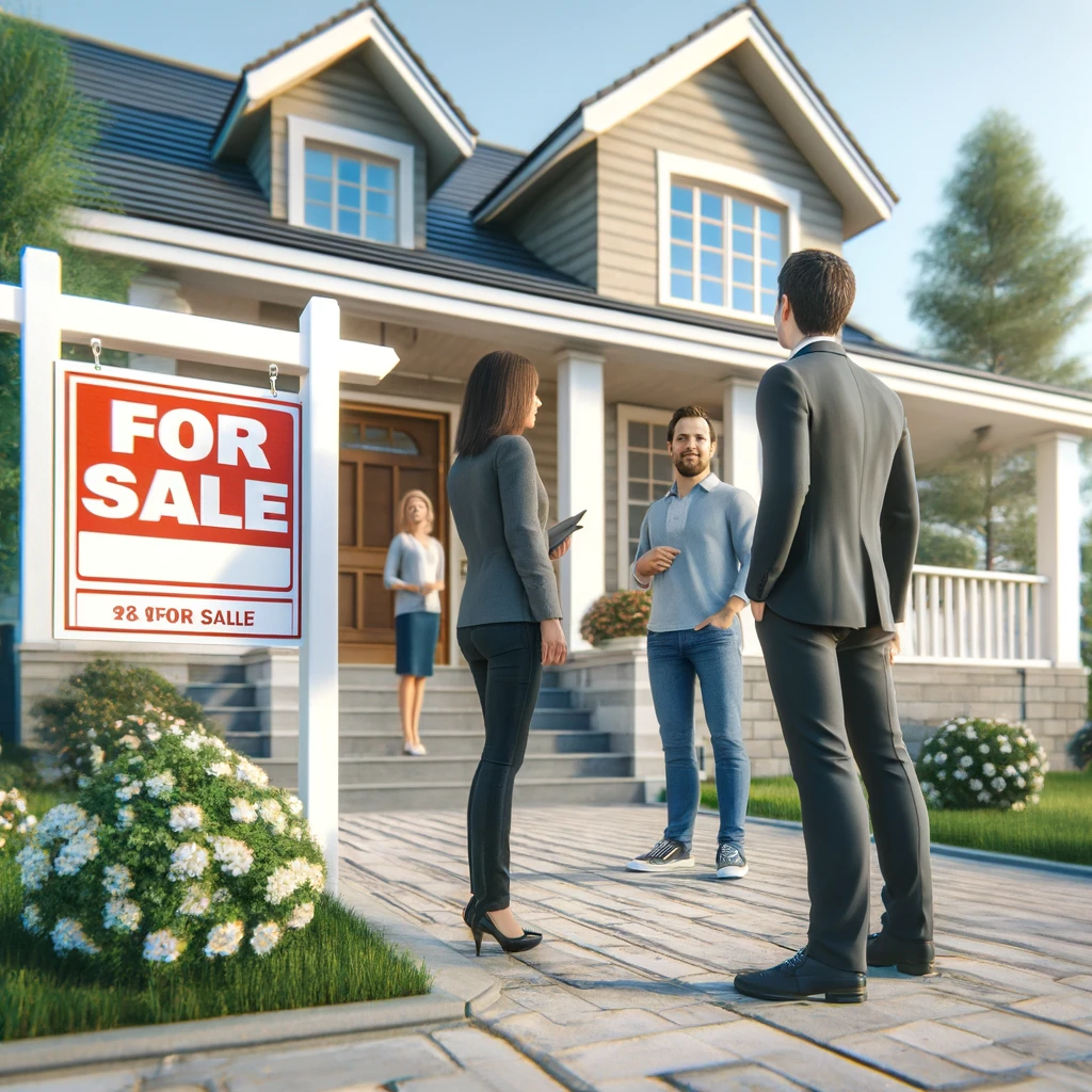 Potential homebuyers engage in a conversation with a real estate agent in front of a charming house for sale.